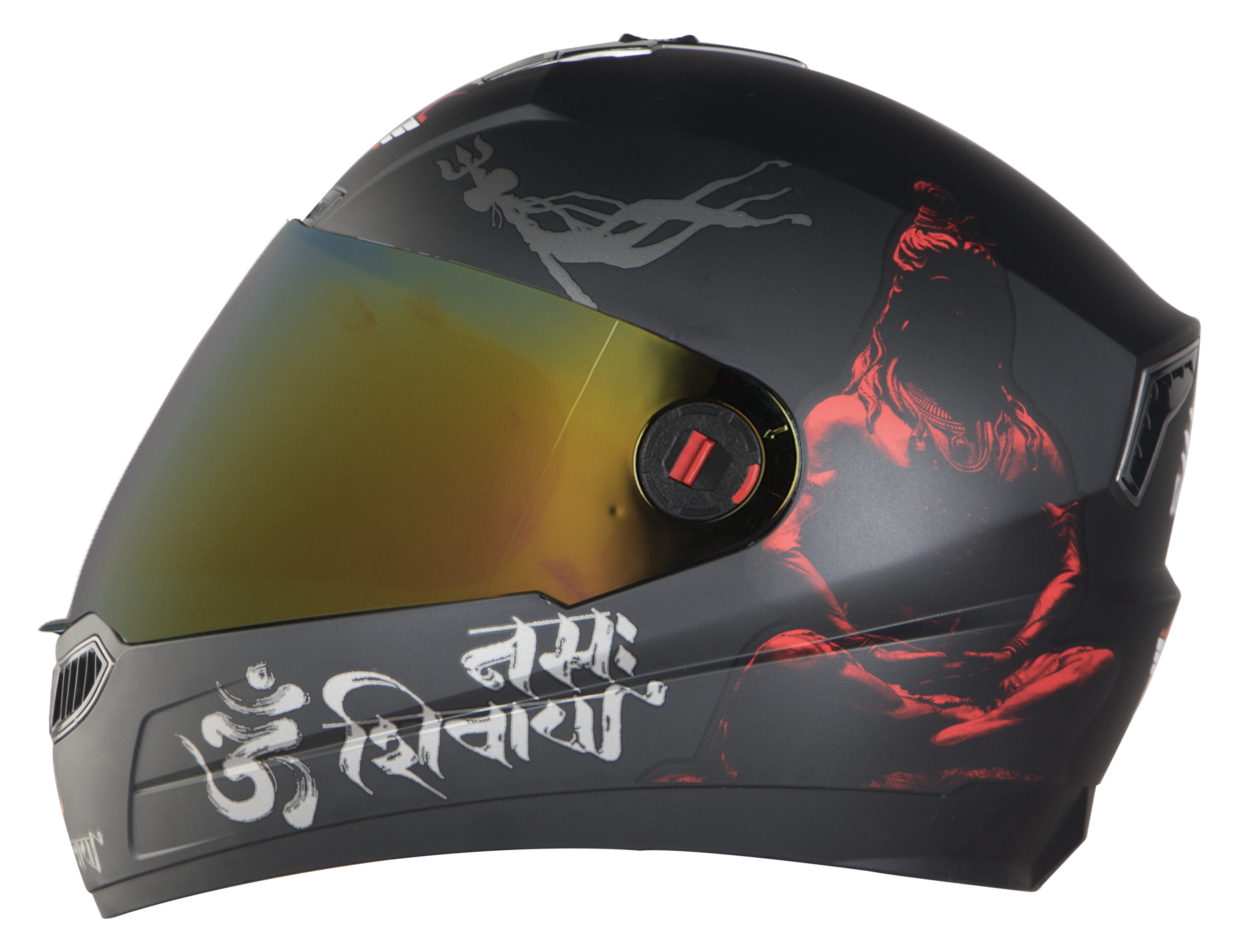 Steelbird SBA-1 Mahadev Full Face ISI Certified Graphic Helmet (Matt Black Red With Chrome Gold Visor)